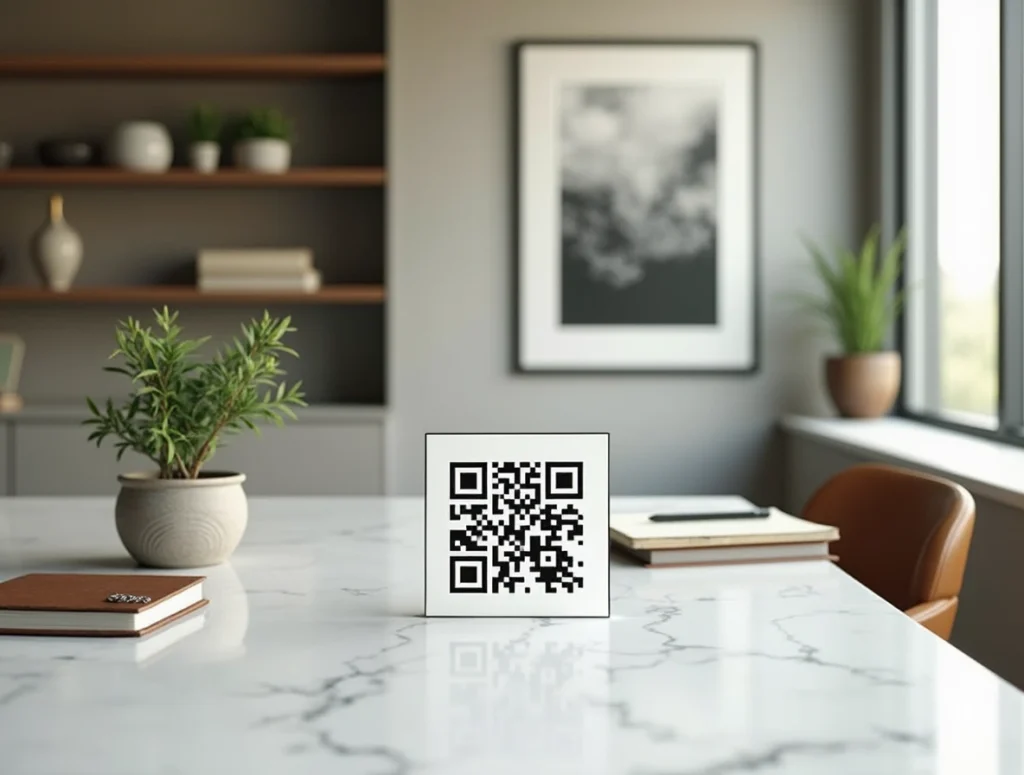 Modern office desk setup featuring a QR code on a marble surface, surrounded by a potted plant, notebook, and natural light from a large window