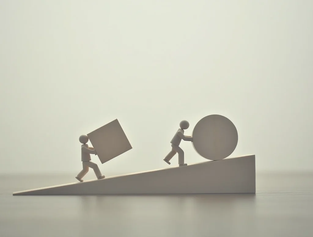 Conceptual image of two figures pushing a square and a circle up an incline, symbolizing the metaphor "Work smarter, not harder"