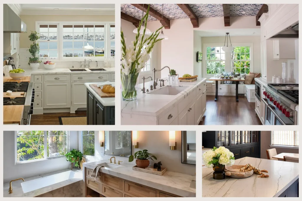 Collage of high-end kitchen and bathroom designs showcasing marble countertops, farmhouse sinks, and elegant fixtures in bright, naturally lit spaces