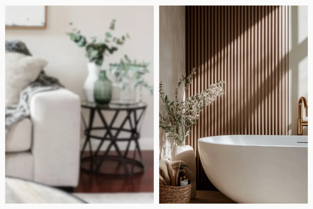 Side-by-side image featuring a blurry cozy living room corner with greenery and a modern bathroom with a freestanding tub and wooden accent wall
