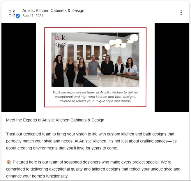 Artistic Kitchen Cabinets & Design Google post with a caption highlighting their expertise in high-end kitchen and bath designs tailored to individual client needs