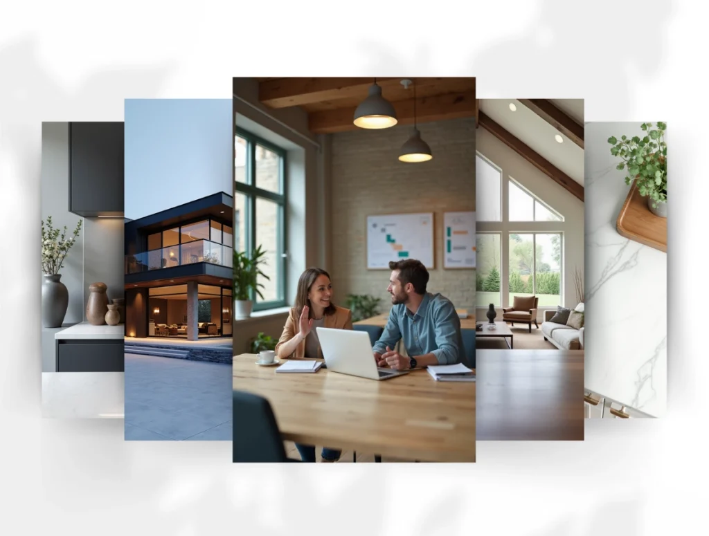 Collage of images featuring modern architectural designs, a collaborative office meeting, and elegant interiors, highlighting custom builder solutions