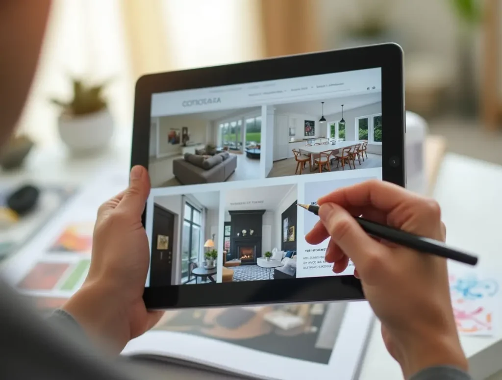 Tablet displaying a modern website with interior design layouts, held by a person using a stylus for navigation