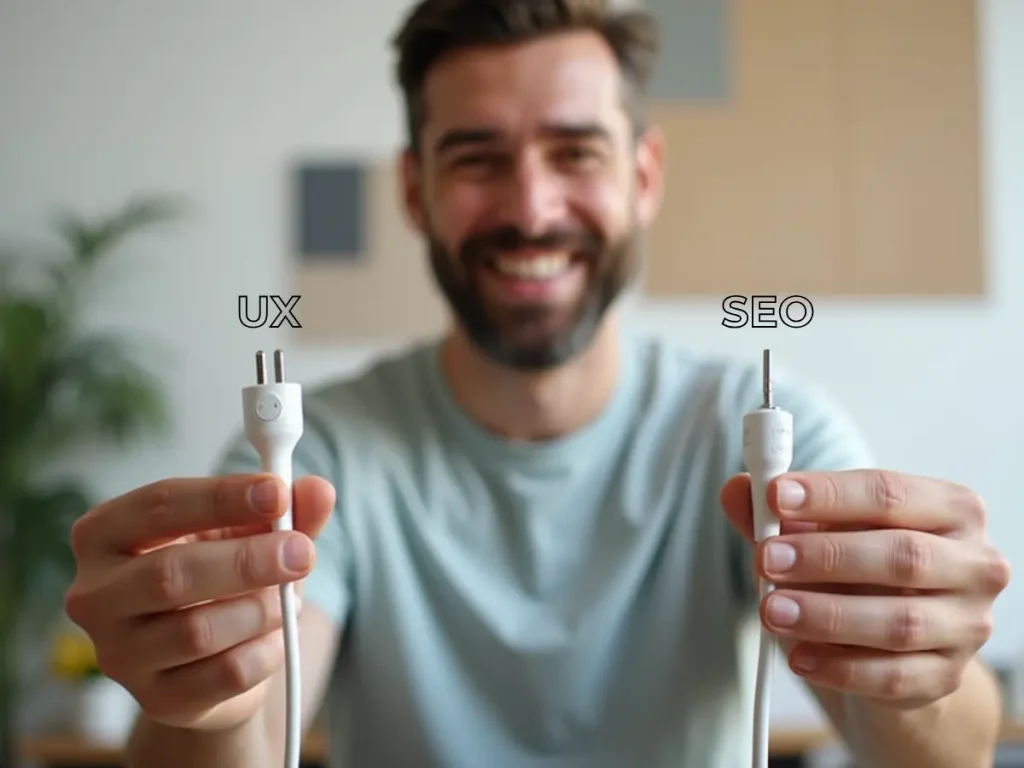 Smiling man holding two power cords labeled 'UX' and 'SEO,' illustrating the connection between user experience and search engine optimization