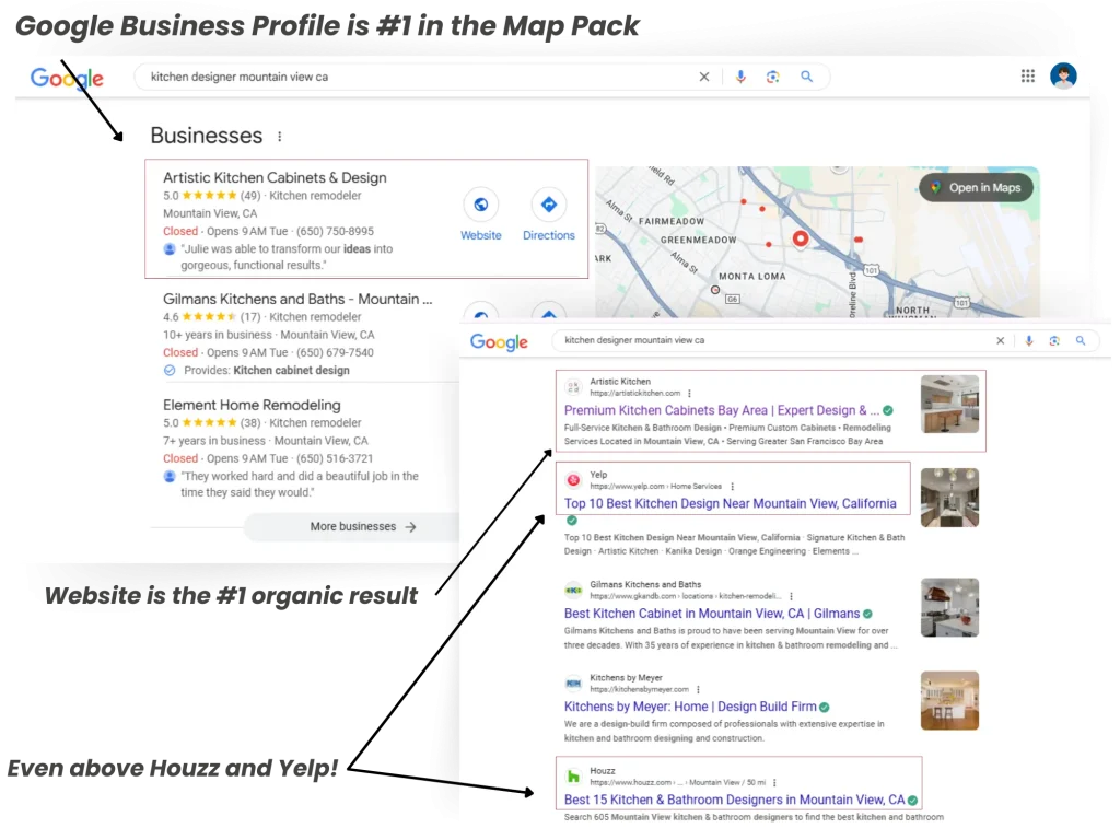 Artistic Kitchen Cabinets & Design ranking #1 in Google Business Profile map pack and organic search results above competitors like Houzz and Yelp