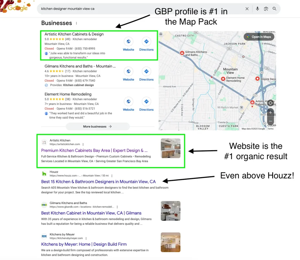 Search results showcasing Artistic Kitchen Cabinets & Design as the top result in the Google Map Pack and organic listing for kitchen designers in Mountain View, CA