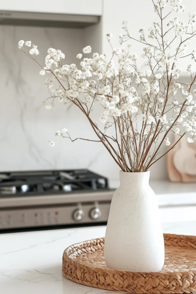 A minimalist kitchen interior featuring a white vase with dried flowers on a marble countertop, highlighting modern kitchen aesthetics