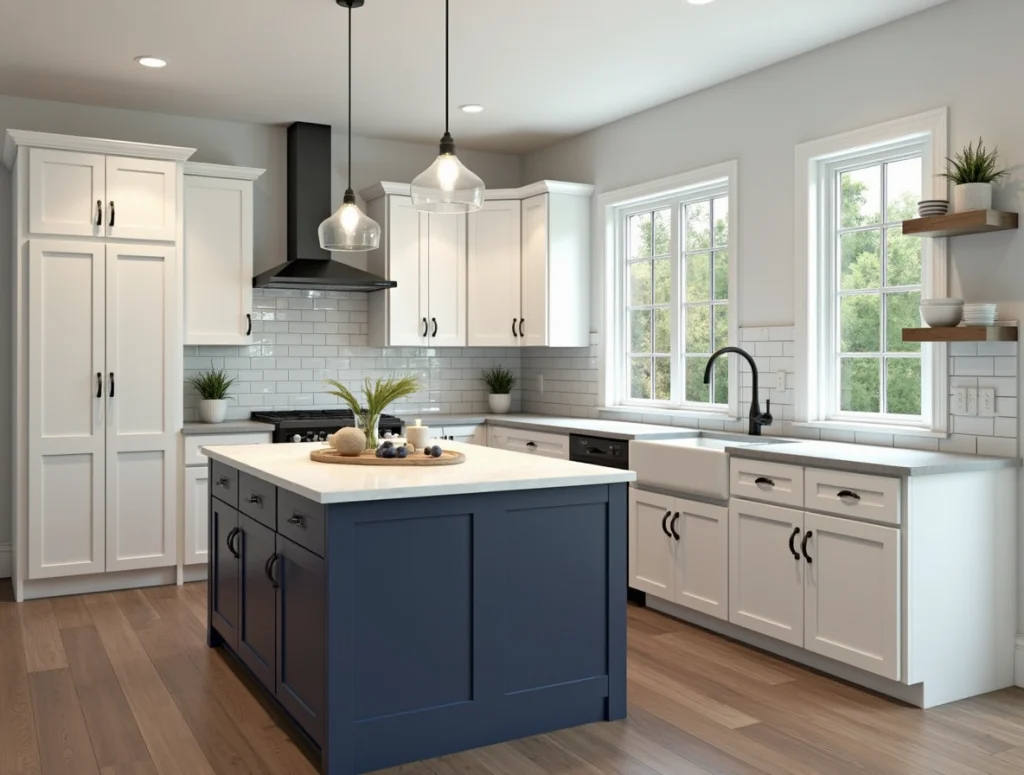 ransitional kitchen with a navy-blue island, pendant lighting, farmhouse sink, and white cabinetry against a bright backdrop of natural light