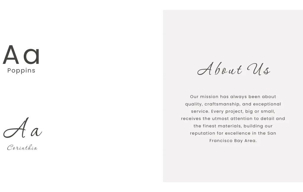 A typography guide displaying the font selections for Artistic Kitchen’s brand, showcasing a mix of elegant script and modern sans-serif fonts
