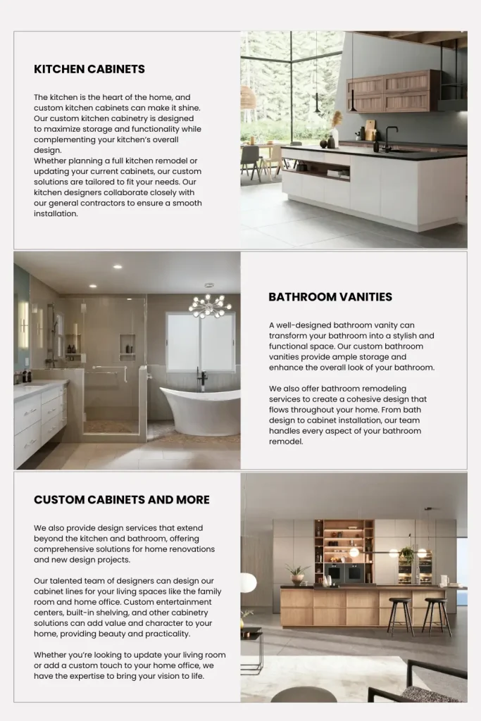 A kitchen design portfolio webpage displaying a high-end kitchen with a waterfall island, elegant pendant lighting, and modern cabinetry