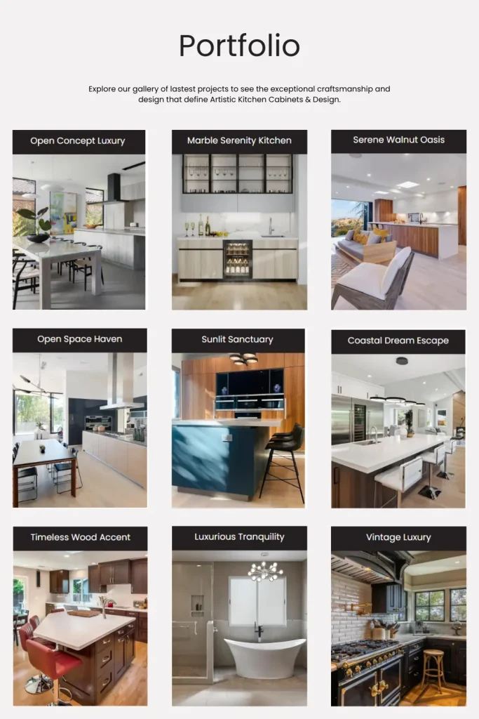 A portfolio grid showcasing various kitchen and bathroom remodeling projects, highlighting Artistic Kitchen’s expertise in high-end cabinetry and luxury design
