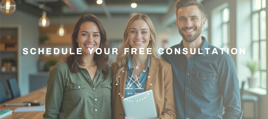 Three smiling professionals standing in a modern office space, promoting free consultations with Illume Digital Studio