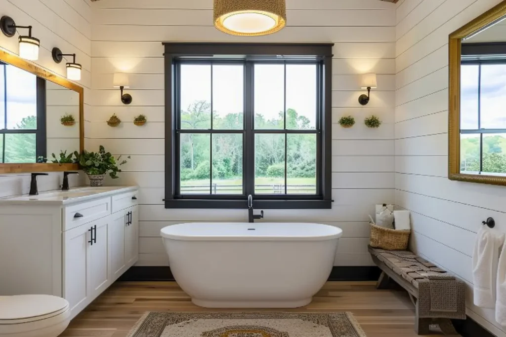 A farmhouse-style bathroom featuring a freestanding white tub, double vanity with shiplap walls, and a large window overlooking greenery