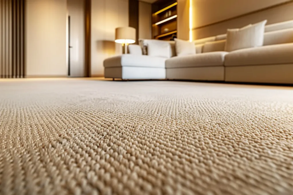 Elegant living room with a soft beige textured carpet, a comfortable sectional sofa, and ambient lighting creating a cozy atmosphere
