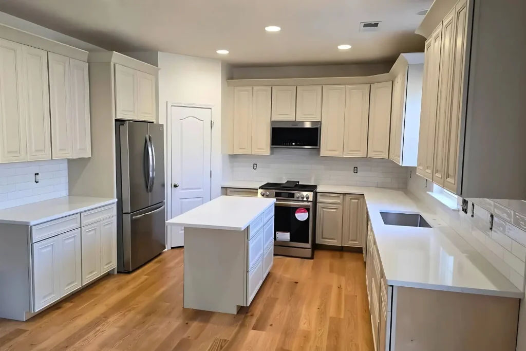 Bright kitchen with cream cabinetry, a central island, stainless steel appliances, and wood flooring, ideal for a functional and modern home