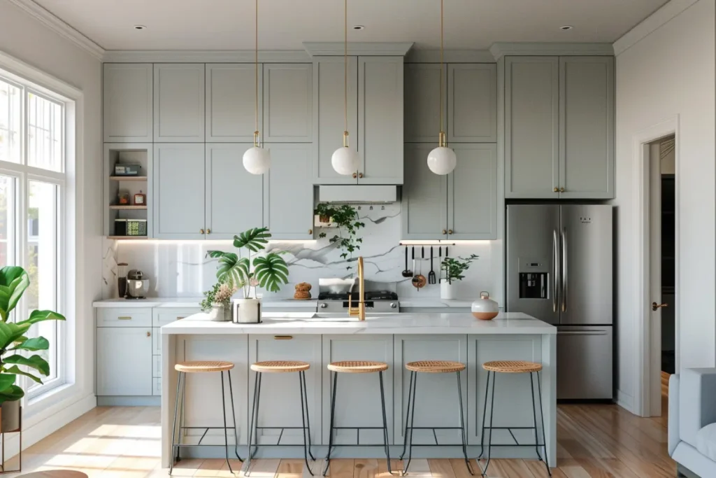 A bright and modern kitchen with light gray cabinets, a marble backsplash, gold pendant lights, and a large island with bar stools