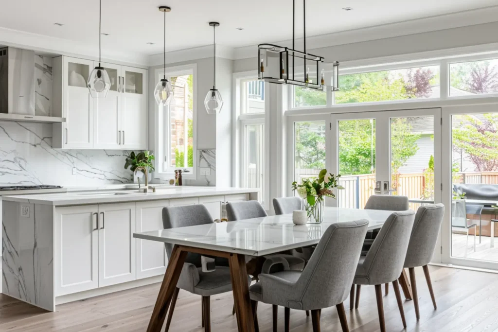 A contemporary dining and kitchen area with a white marble countertop, pendant lights, and sliding glass doors leading to an outdoor space
