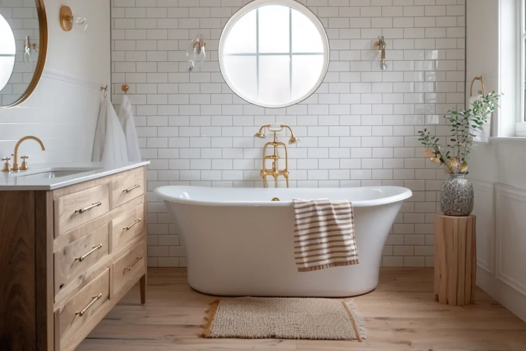A minimalist bathroom with a freestanding white tub, natural wood vanity, and gold accents, complemented by white subway tiles