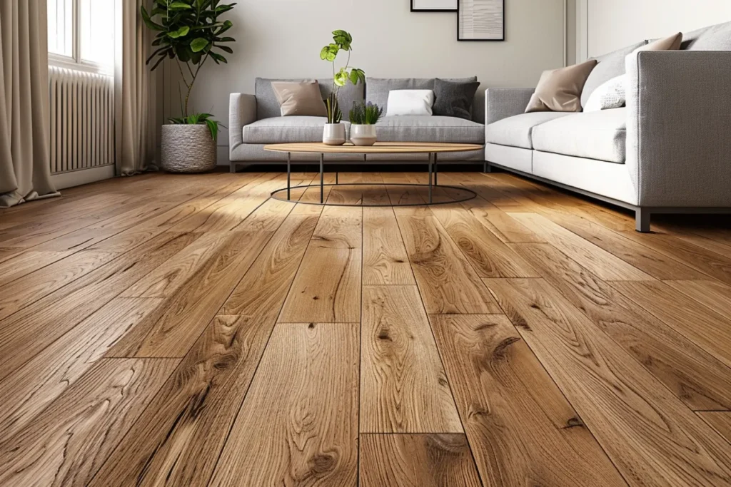 Living room featuring natural wood plank flooring, a minimalist coffee table, and a cozy gray sofa with potted plants for a warm ambiance