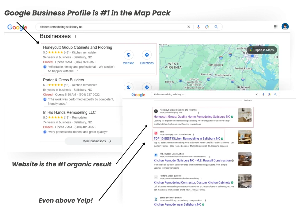 Screenshot of a Google search result showing Honeycutt Group Cabinets and Flooring ranked #1 in the map pack for kitchen remodeling in Salisbury, NC