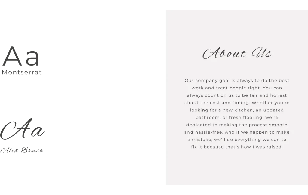 Typography showcasing font styles and an About Us section, with a description of Honeycutt Group's commitment to quality kitchen, bathroom, and flooring services