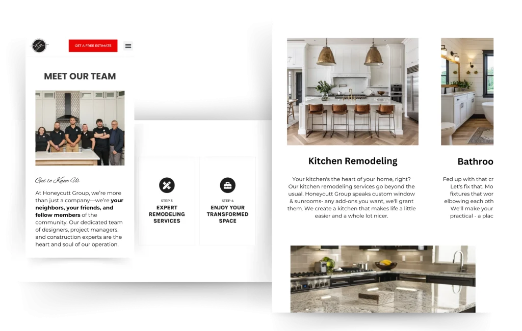 Website screenshot featuring Honeycutt Group’s team photo and service details for kitchen and bathroom remodeling