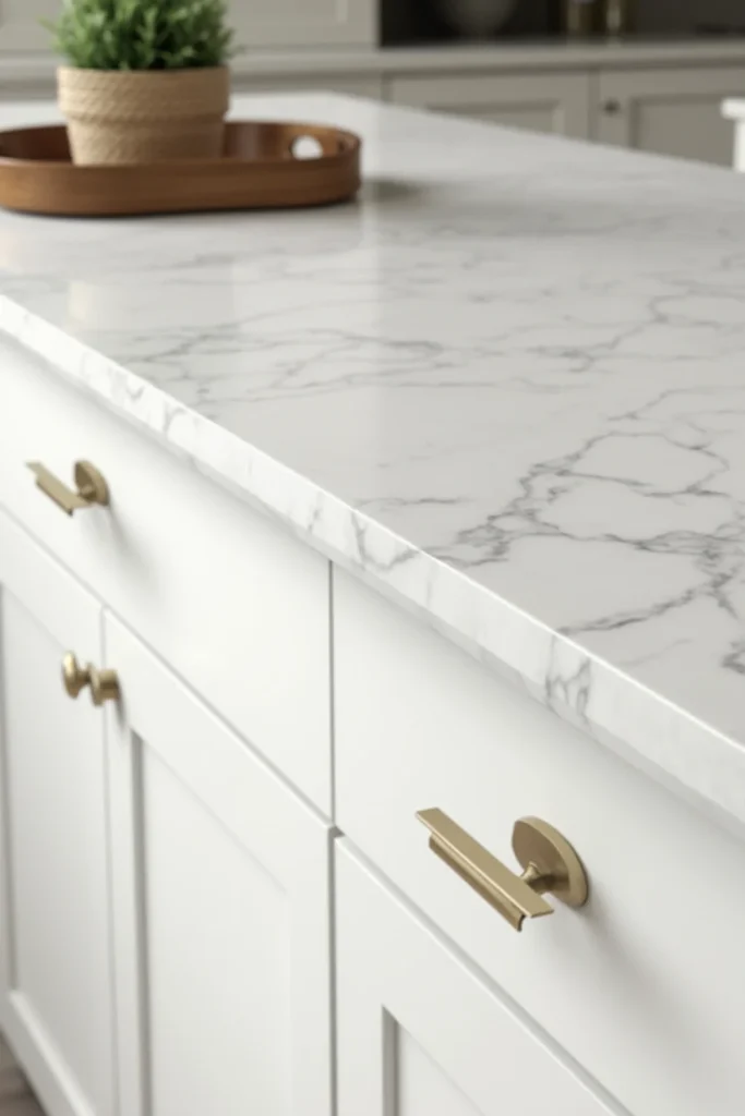 Close-up of a sleek white marble countertop with brass cabinet handles, showcasing luxurious kitchen materials
