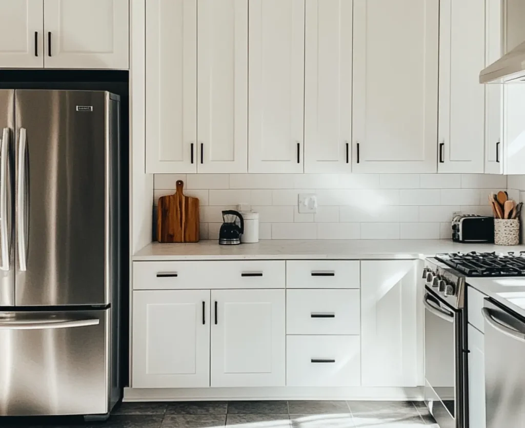 Bright kitchen with white shaker cabinets, black hardware, and stainless steel appliances. A subway tile backsplash and minimalist decor create a clean, modern look