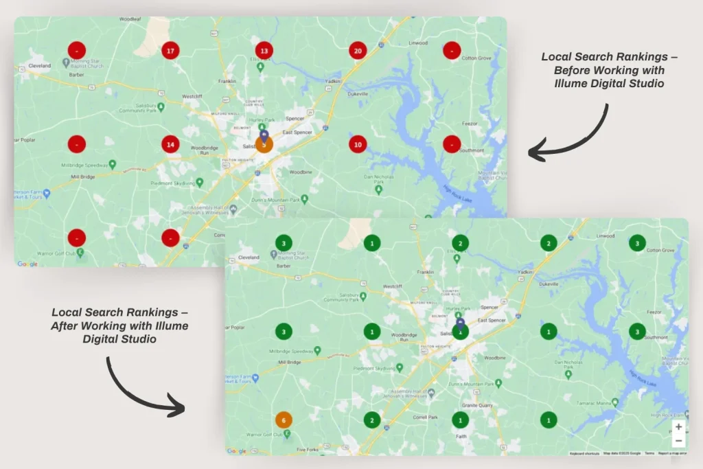Local search rankings before and after working with Illume Digital Studio