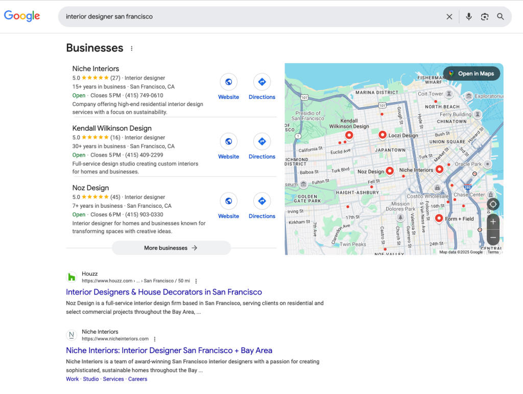 Google search results showing interior designers in San Francisco, including map locations and contact details for local businesses