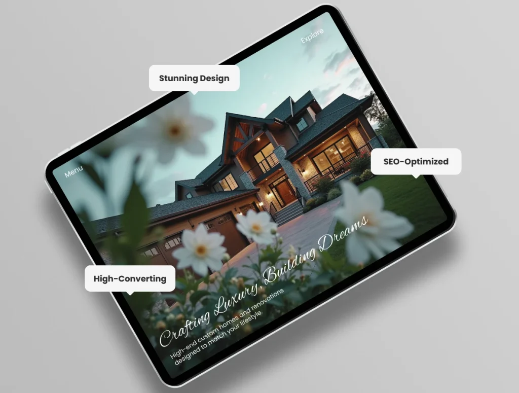Tablet displaying a luxury home design website with SEO-optimized and high-converting features, emphasizing stunning visual appeal
