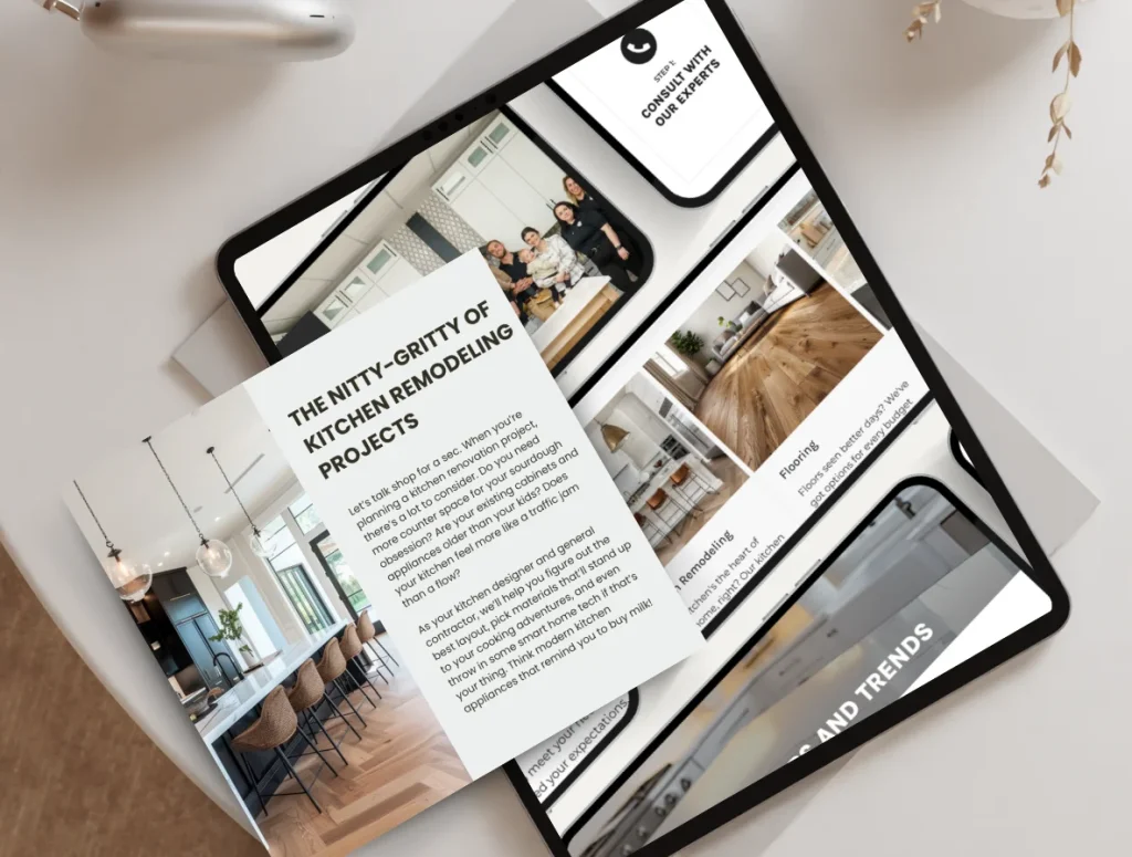 Tablet showcasing a detailed guide to kitchen remodeling projects, including insights on flooring, cabinets, and layout design