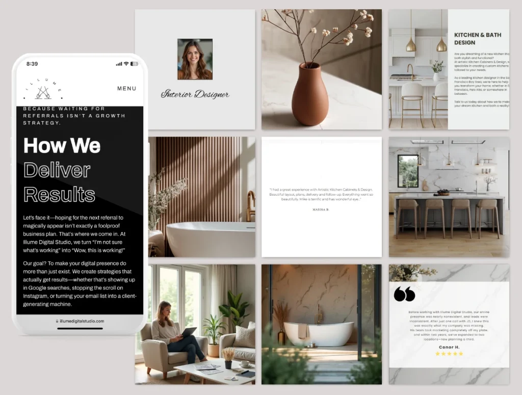 Collage featuring interior design elements, testimonials, and a mobile phone showcasing Illume Digital's design services with a sleek, modern layout