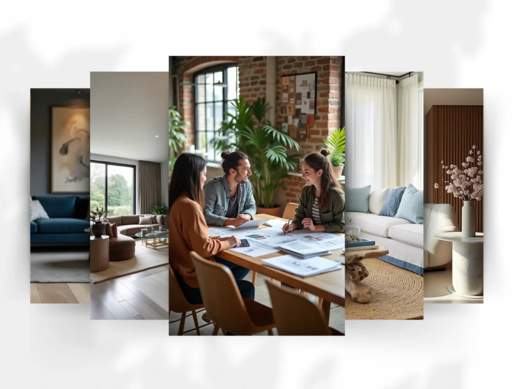 Collage of interior design services featuring collaborative workspace, stylish living rooms, and a modern vase with flowers for boutique design results