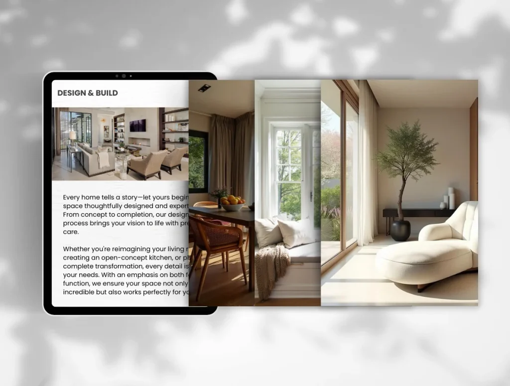 Elegant tablet screen displaying design and build services with luxurious interior spaces, showcasing modern living room and natural lighting