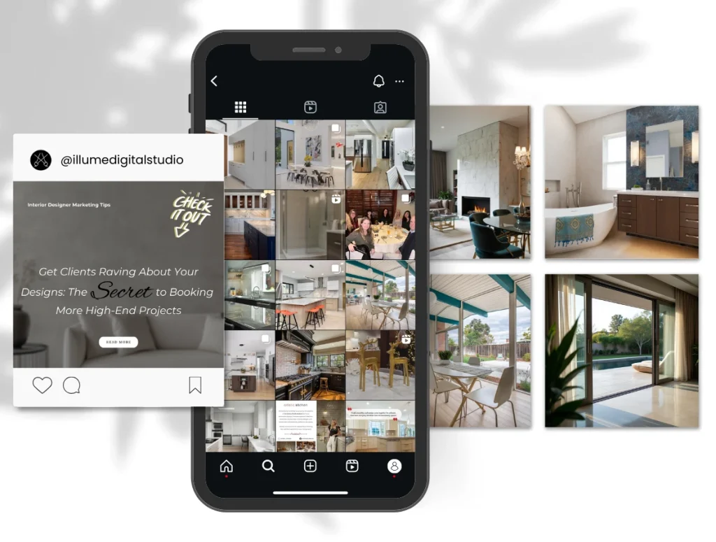 nstagram grid layout on a mobile screen featuring luxurious kitchen, bath, and outdoor design inspirations
