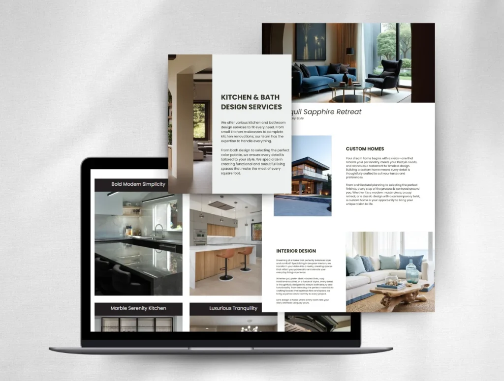 Digital portfolio showcasing kitchen and bath design services, custom homes, and interior design expertise in modern and cozy styles