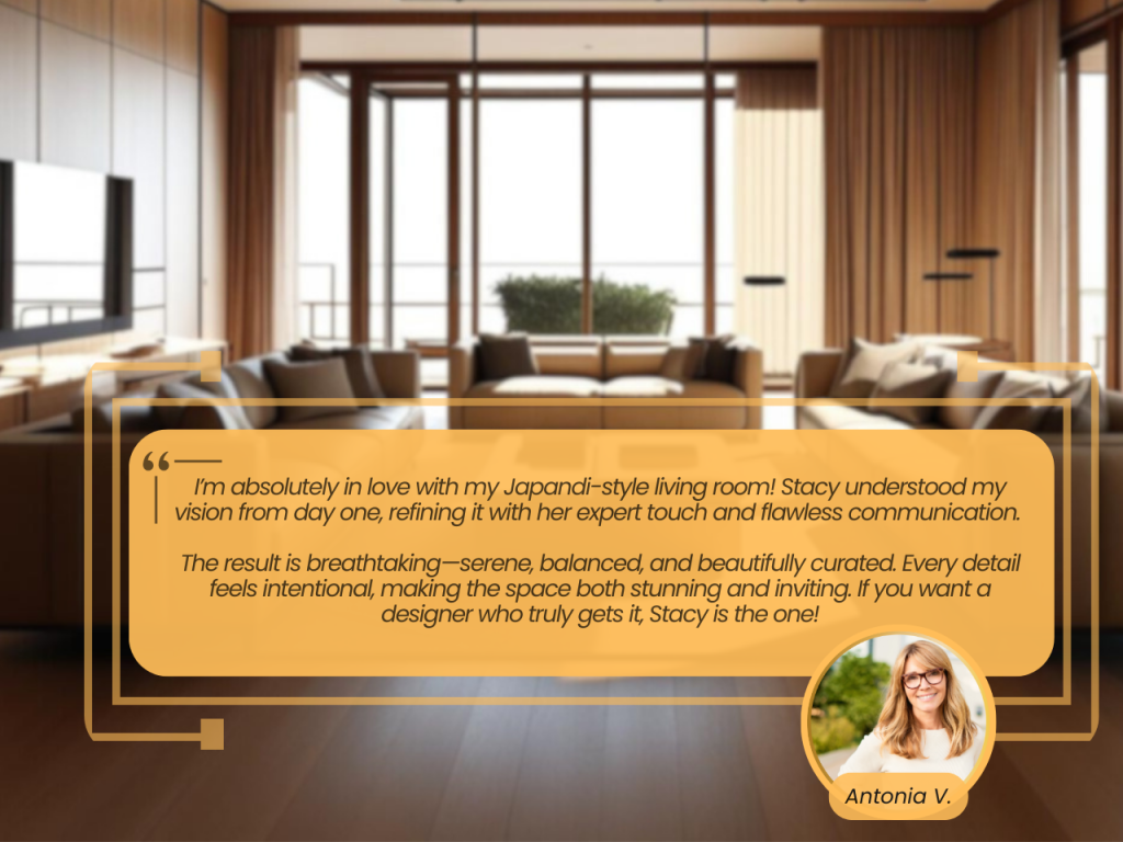 Client testimonial praising Stacy's Japandi-style living room design for its balance, elegance, and expert touch. Features a modern, warm-toned interior with a stylish testimonial overlay.