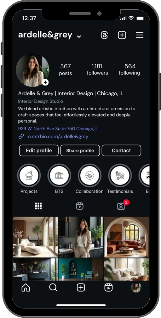 Fully built Instagram presence example showing complete profile setup and content strategy